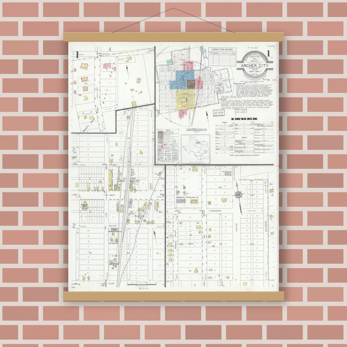 Old map wall art mockup — magnetic wood frame on brick wall — Sanborn Fire Insurance Map from Archer City, Archer County, Texas (1934) - Complete Map Set