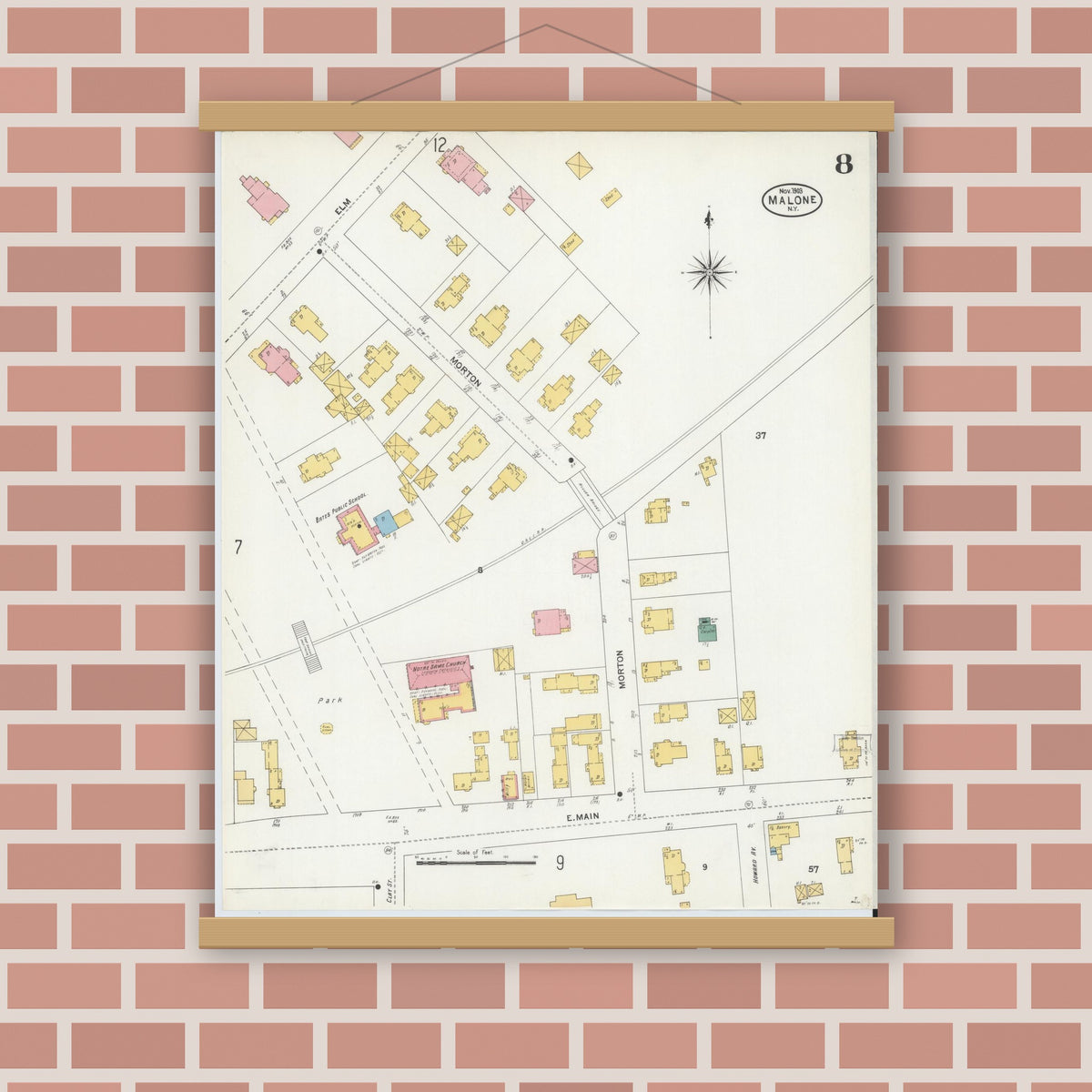 Old map wall art mockup — magnetic wood frame on brick wall — Sanborn Fire Insurance Map from Malone, Franklin County, New York (1903), Sheet #0008
