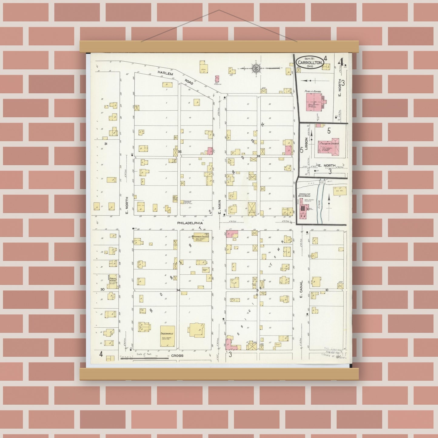 Old map wall art mockup — magnetic wood frame on brick wall — Sanborn Fire Insurance Map from Carrollton, Carroll County, Ohio (1911), Sheet #0004