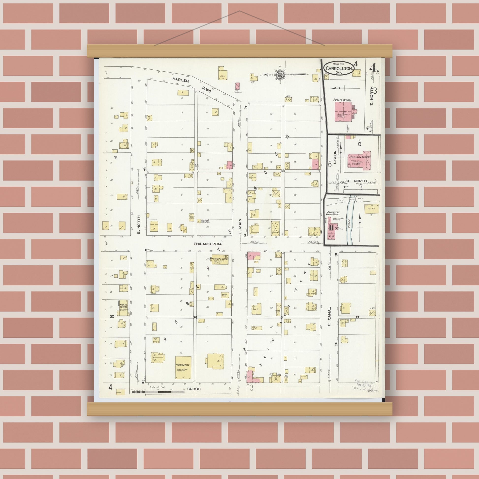 Old map wall art mockup — magnetic wood frame on brick wall — Sanborn Fire Insurance Map from Carrollton, Carroll County, Ohio (1911), Sheet #0004