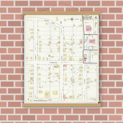Old map wall art mockup — magnetic wood frame on brick wall — Sanborn Fire Insurance Map from Carrollton, Carroll County, Ohio (1911), Sheet #0004