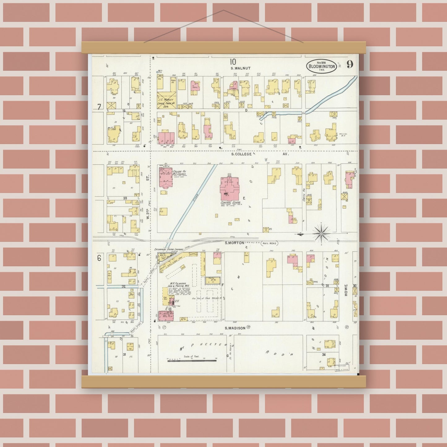 Old map wall art mockup — magnetic wood frame on brick wall — Sanborn Fire Insurance Map from Bloomington, Monroe County, Indiana (1898), Sheet #0009