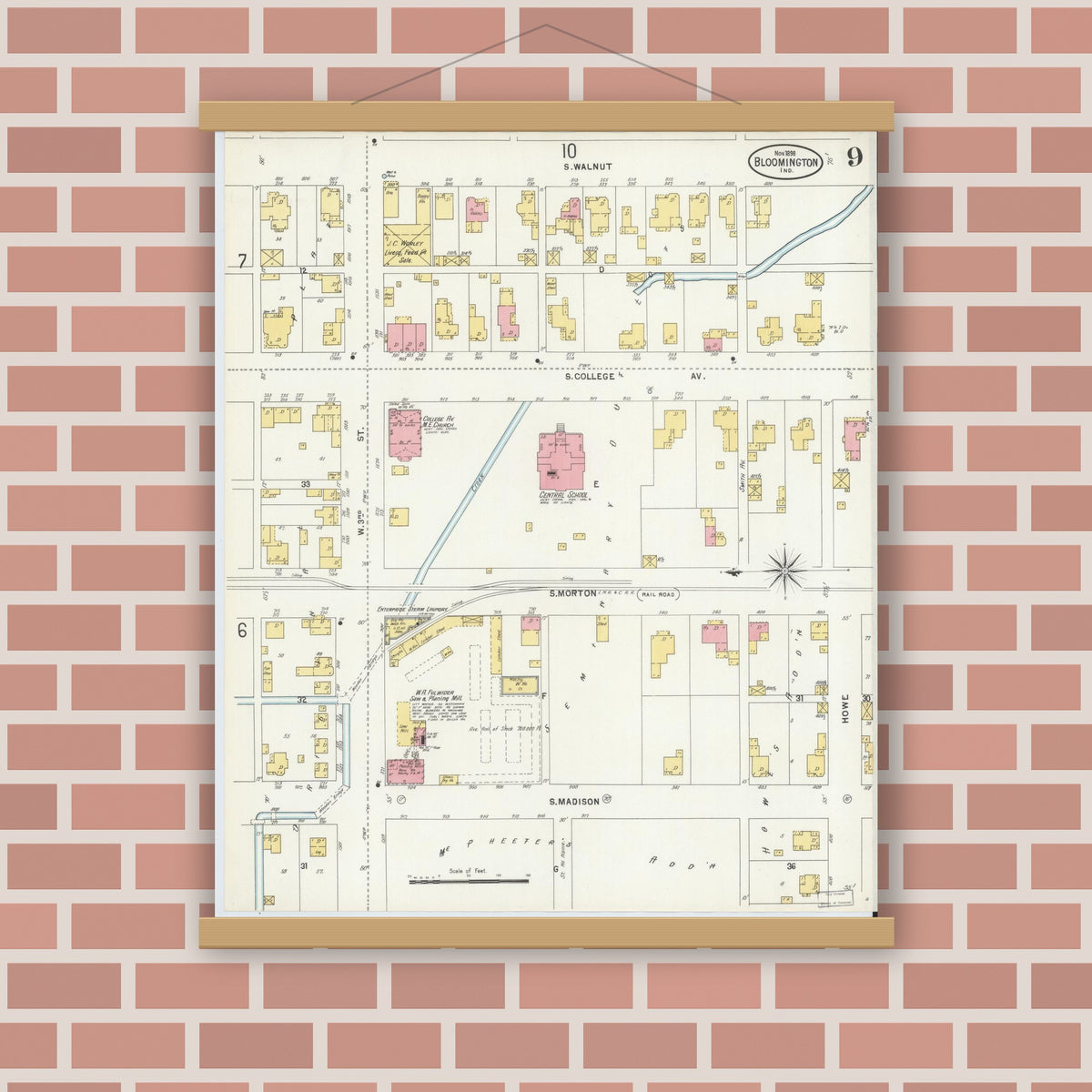 Old map wall art mockup — magnetic wood frame on brick wall — Sanborn Fire Insurance Map from Bloomington, Monroe County, Indiana (1898), Sheet #0009