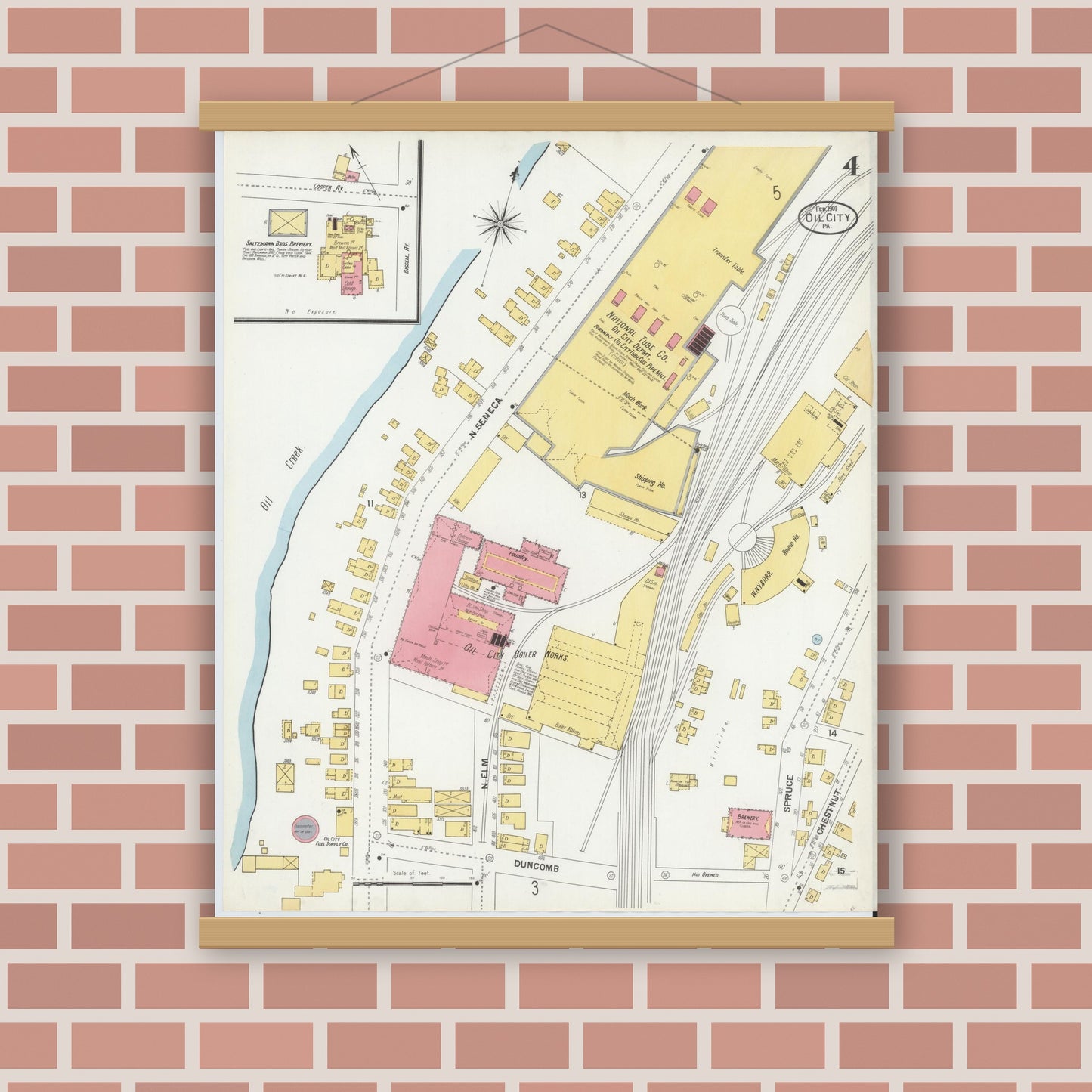 Old map wall art mockup — magnetic wood frame on brick wall — Sanborn Fire Insurance Map from Oil City, Venango County, Pennsylvania (1901), Sheet #0004