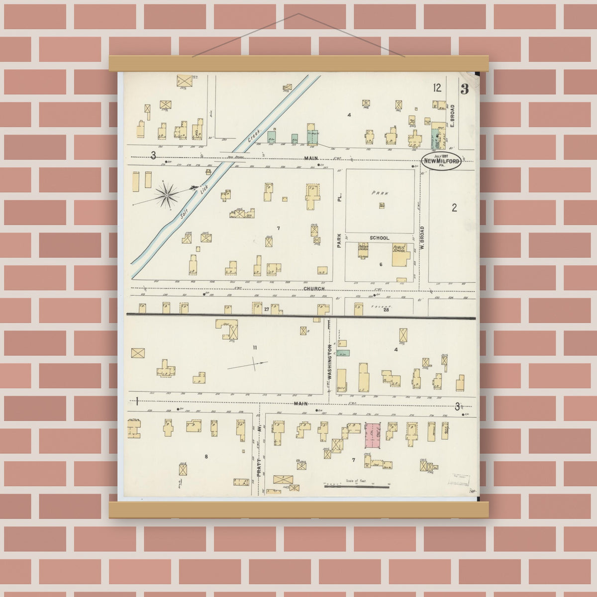 Old map wall art mockup — magnetic wood frame on brick wall — Sanborn Fire Insurance Map from New Milford, Susquehanna County, Pennsylvania (1897), Sheet #0003