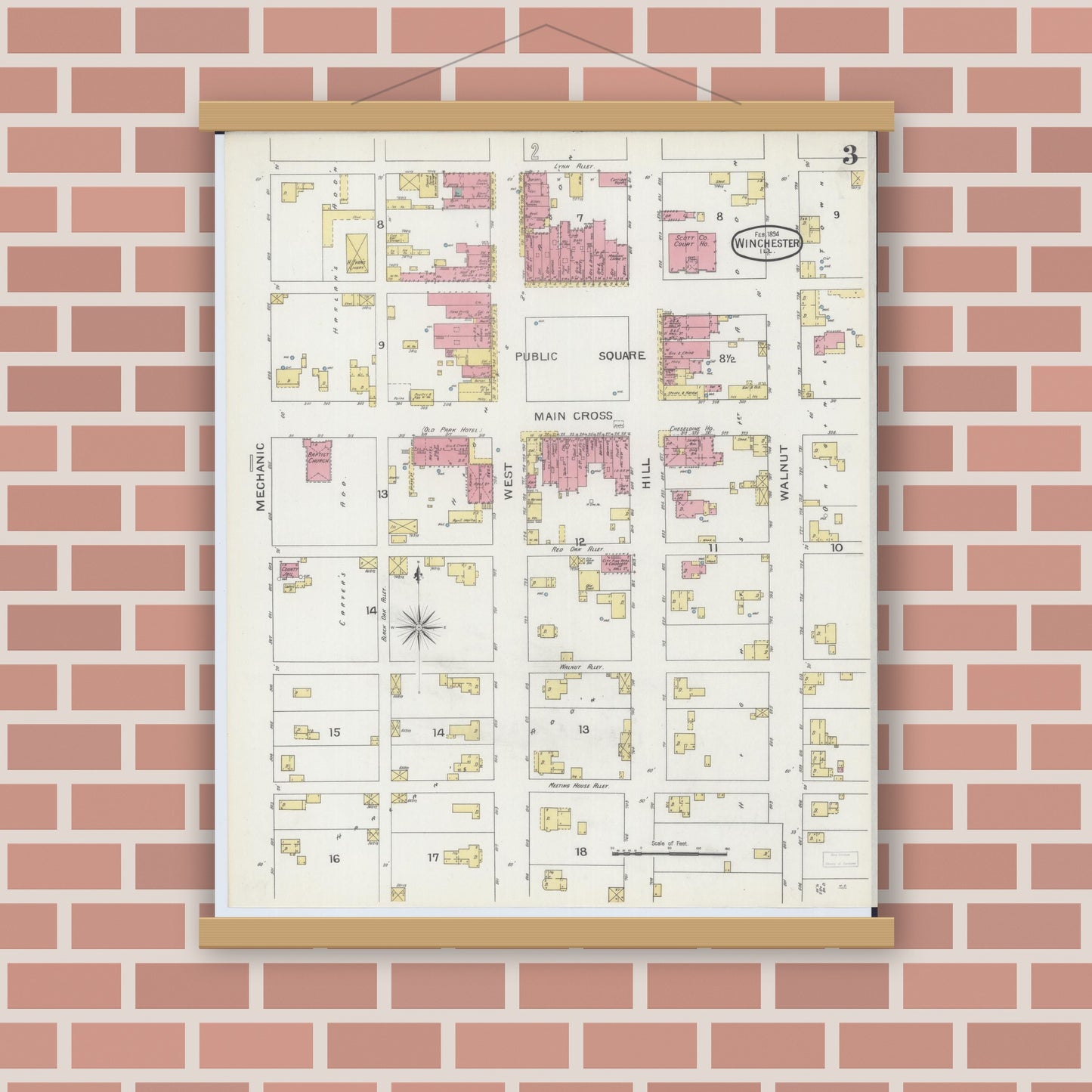Old map wall art mockup — magnetic wood frame on brick wall — Sanborn Fire Insurance Map from Winchester, Scott County, Illinois (1894), Sheet #0003