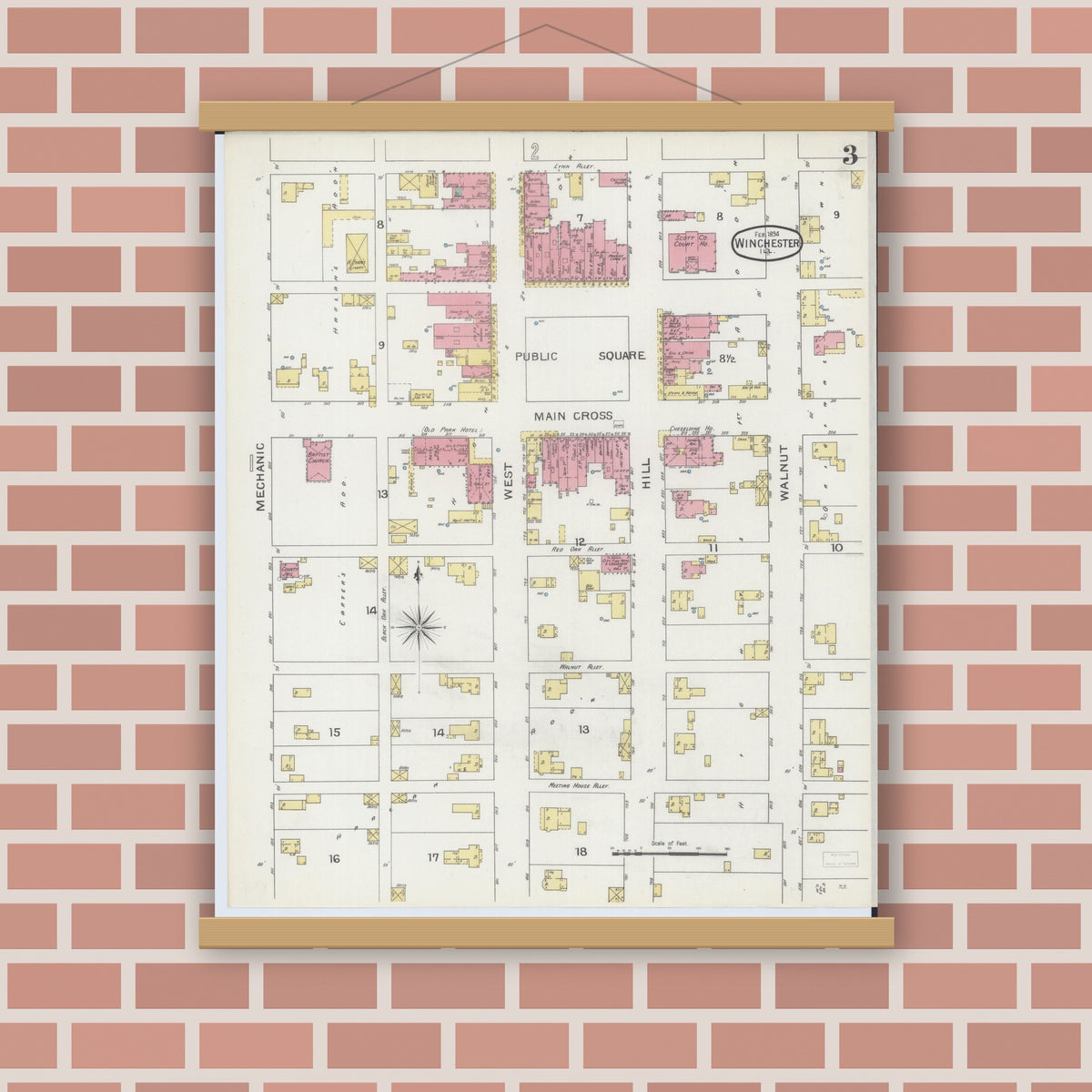 Old map wall art mockup — magnetic wood frame on brick wall — Sanborn Fire Insurance Map from Winchester, Scott County, Illinois (1894), Sheet #0003