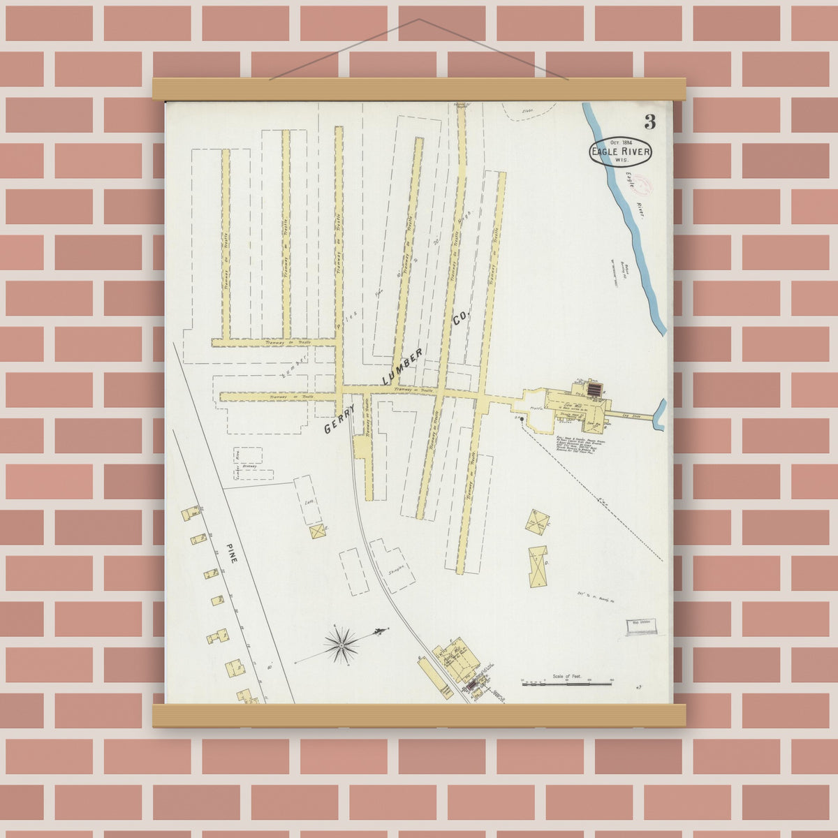 Old map wall art mockup — magnetic wood frame on brick wall — Sanborn Fire Insurance Map from Eagle River, Vilas County, Wisconsin (1894), Sheet #0003