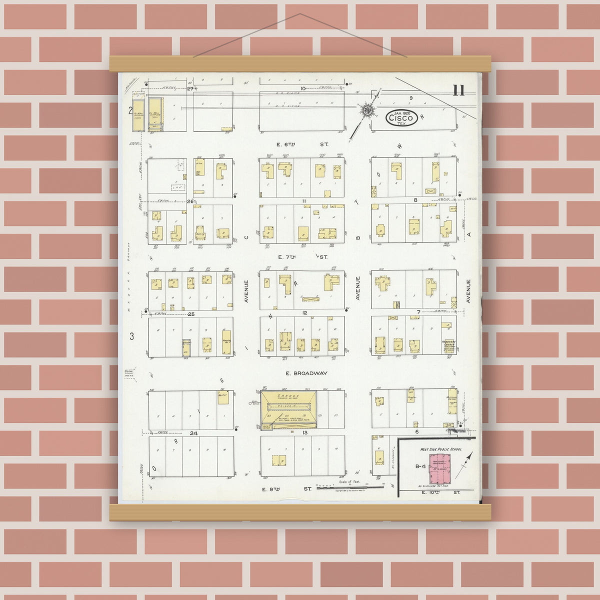 Old map wall art mockup — magnetic wood frame on brick wall — Sanborn Fire Insurance Map from Cisco, Eastland County, Texas (1920), Sheet #0011