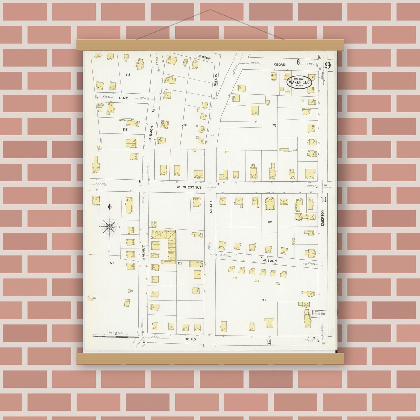 Old map wall art mockup — magnetic wood frame on brick wall — Sanborn Fire Insurance Map from Wakefield, Middlesex County, Massachusetts (1909), Sheet #0009