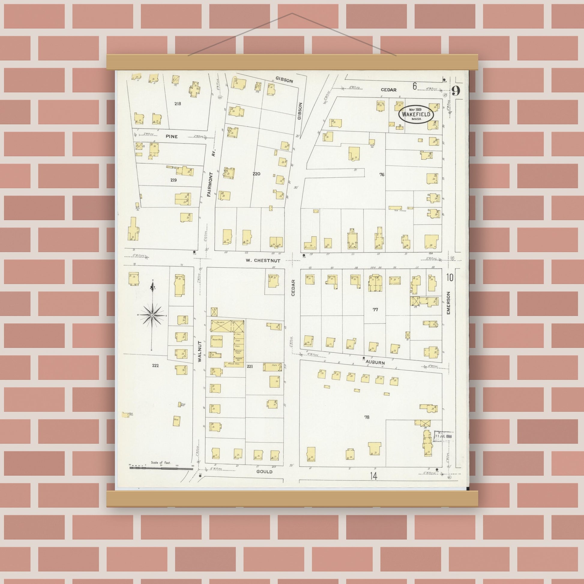 Old map wall art mockup — magnetic wood frame on brick wall — Sanborn Fire Insurance Map from Wakefield, Middlesex County, Massachusetts (1909), Sheet #0009