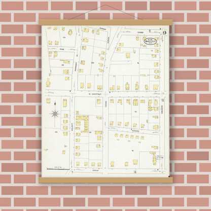 Old map wall art mockup — magnetic wood frame on brick wall — Sanborn Fire Insurance Map from Wakefield, Middlesex County, Massachusetts (1909), Sheet #0009