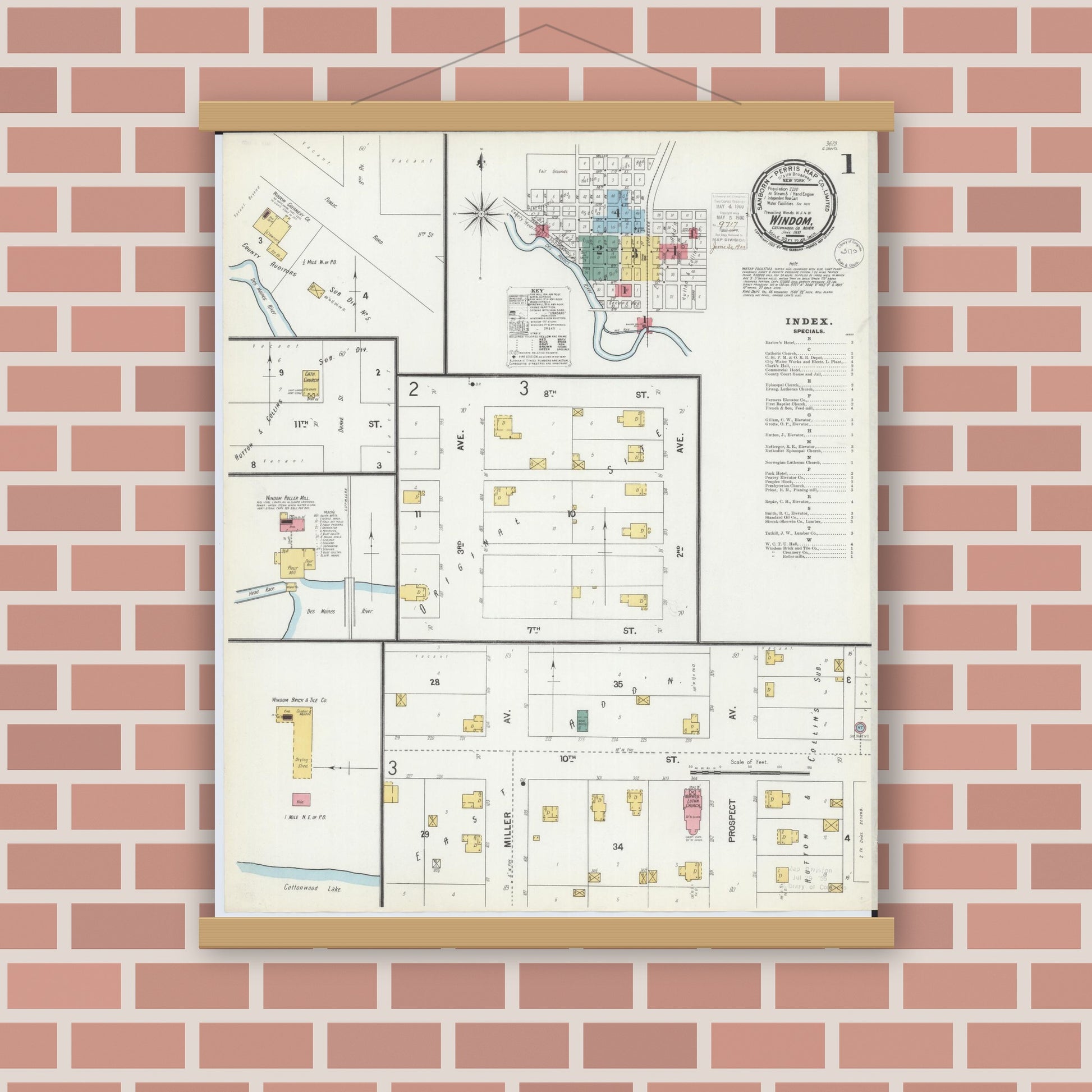 Old map wall art mockup — magnetic wood frame on brick wall — Sanborn Fire Insurance Map from Windom, Cottonwood County, Minnesota (1900) - Complete Map Set
