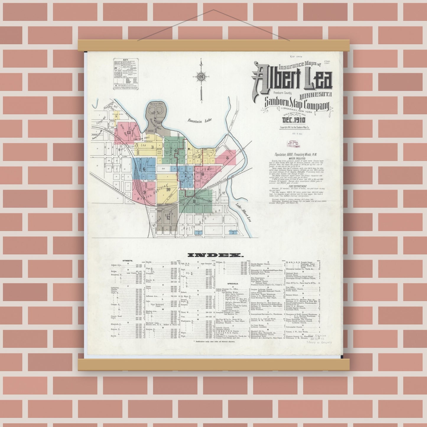 Old map wall art mockup — magnetic wood frame on brick wall — Sanborn Fire Insurance Map from Albert Lea, Freeborn County, Minnesota (1910), Sheet #0001
