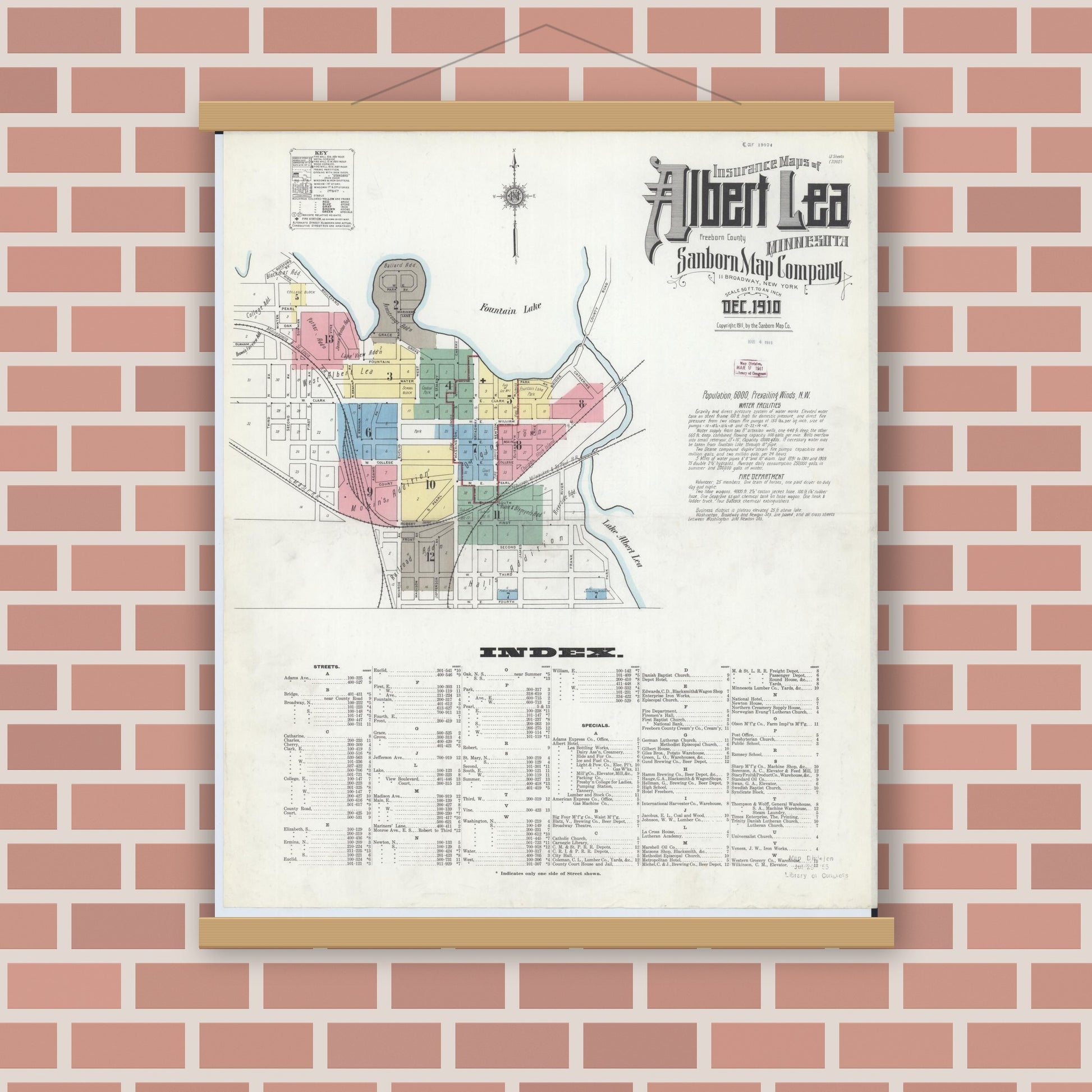 Old map wall art mockup — magnetic wood frame on brick wall — Sanborn Fire Insurance Map from Albert Lea, Freeborn County, Minnesota (1910), Sheet #0001