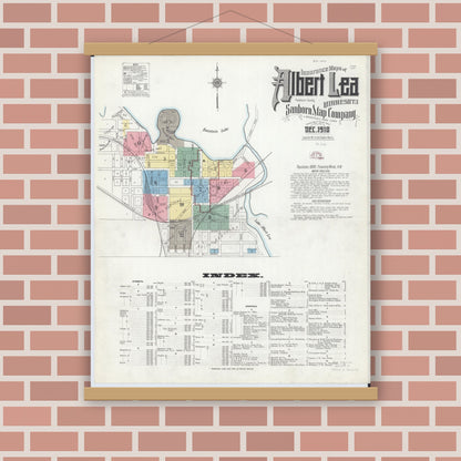 Old map wall art mockup — magnetic wood frame on brick wall — Sanborn Fire Insurance Map from Albert Lea, Freeborn County, Minnesota (1910), Sheet #0001