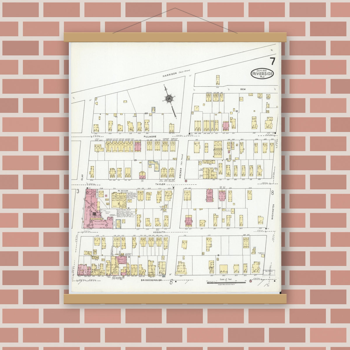 Old map wall art mockup — magnetic wood frame on brick wall — Sanborn Fire Insurance Map from Riverside, Burlington County, New Jersey (1919), Sheet #0007