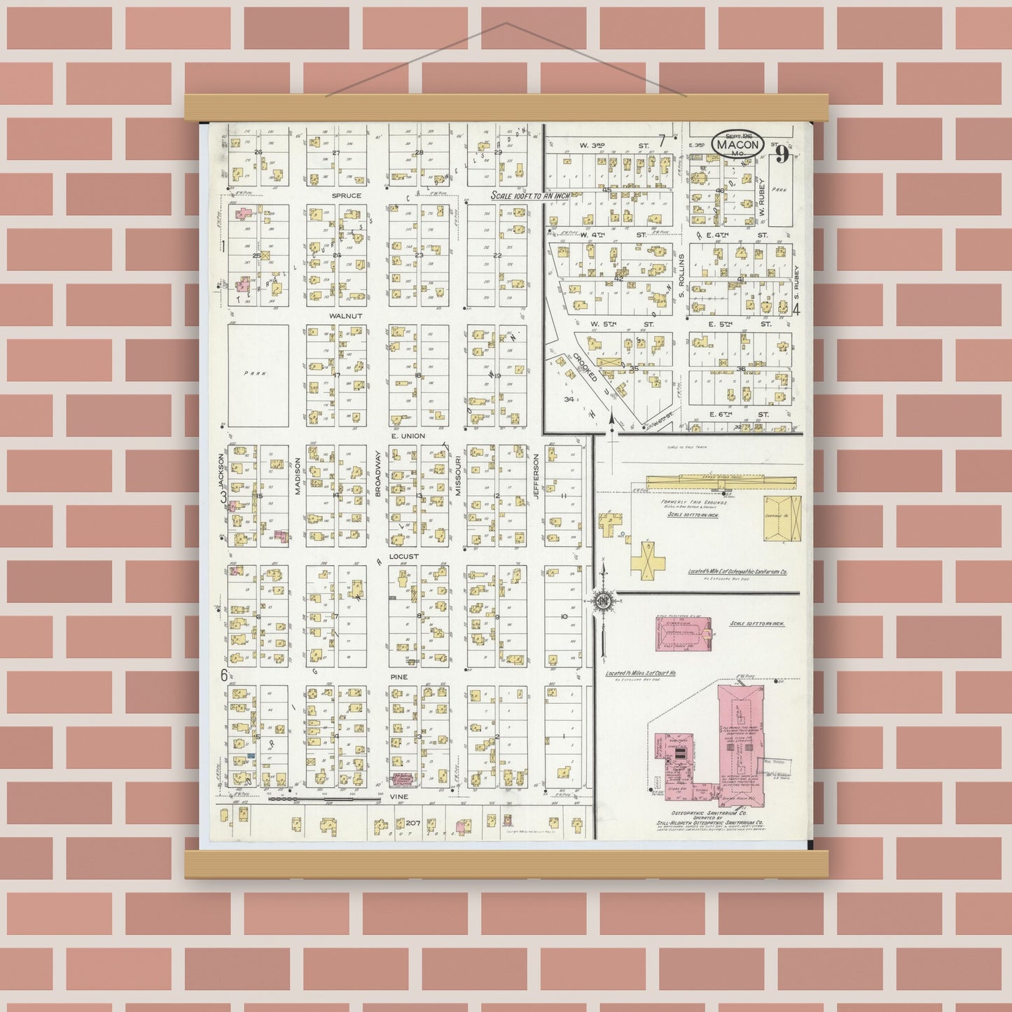 Old map wall art mockup — magnetic wood frame on brick wall — Sanborn Fire Insurance Map from Macon, Macon County, Missouri (1916), Sheet #0009