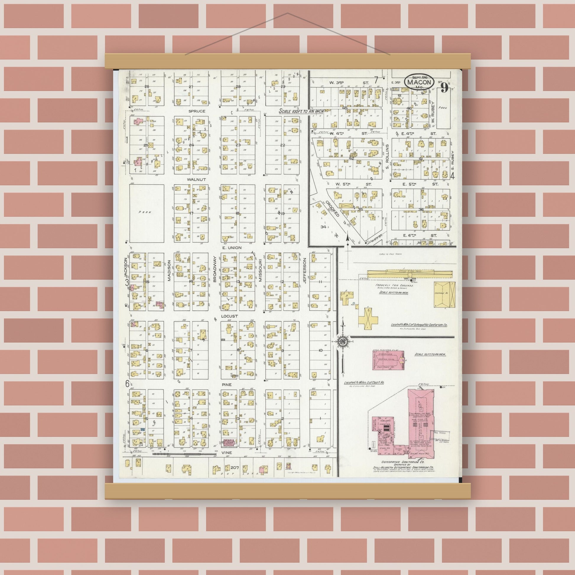 Old map wall art mockup — magnetic wood frame on brick wall — Sanborn Fire Insurance Map from Macon, Macon County, Missouri (1916), Sheet #0009