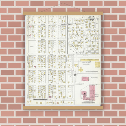 Old map wall art mockup — magnetic wood frame on brick wall — Sanborn Fire Insurance Map from Macon, Macon County, Missouri (1916), Sheet #0009