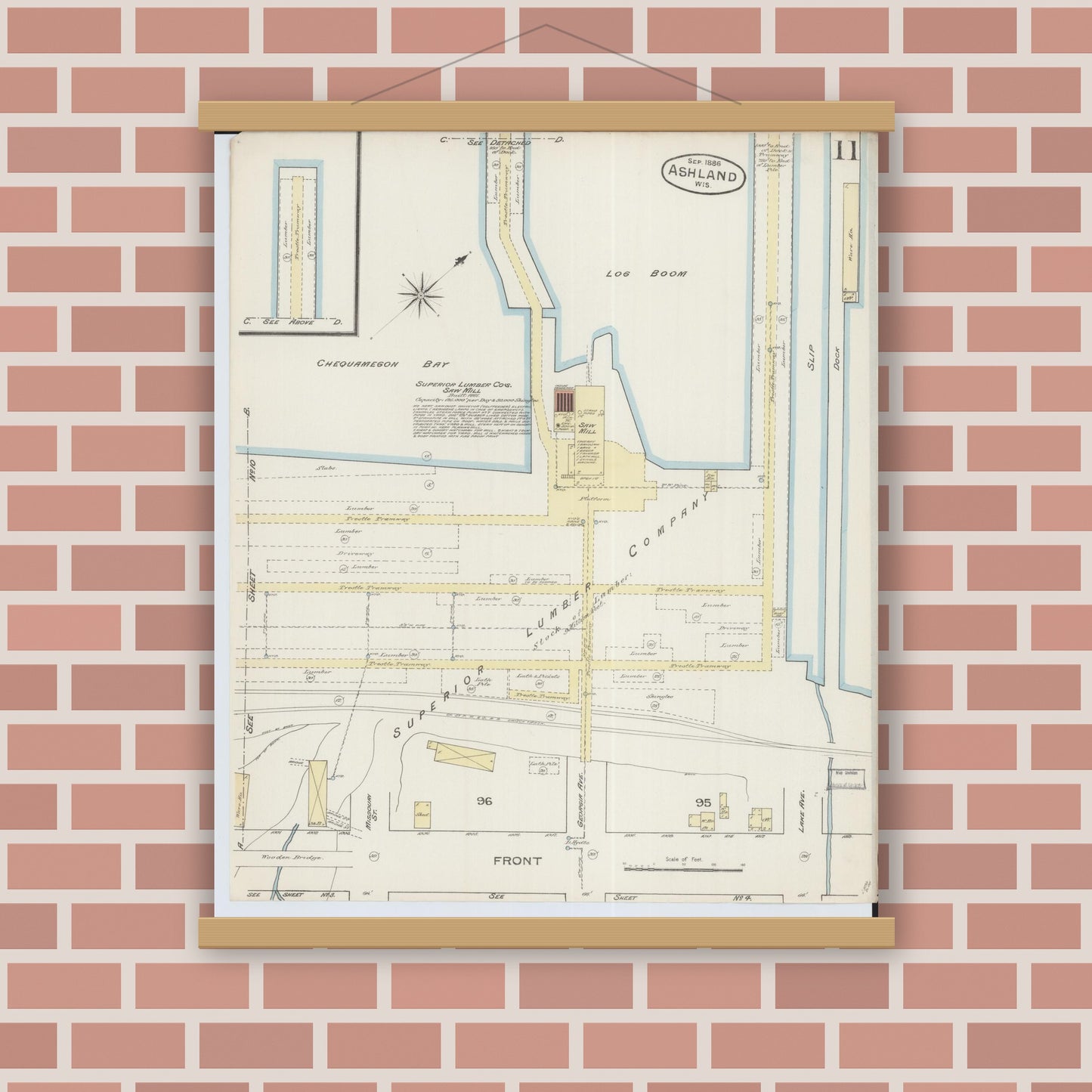 Old map wall art mockup — magnetic wood frame on brick wall — Sanborn Fire Insurance Map from Ashland, Ashland County, Wisconsin (1886), Sheet #0011