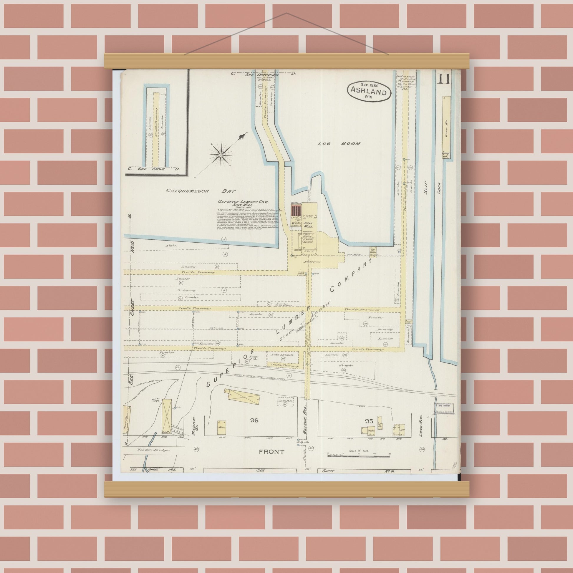 Old map wall art mockup — magnetic wood frame on brick wall — Sanborn Fire Insurance Map from Ashland, Ashland County, Wisconsin (1886), Sheet #0011