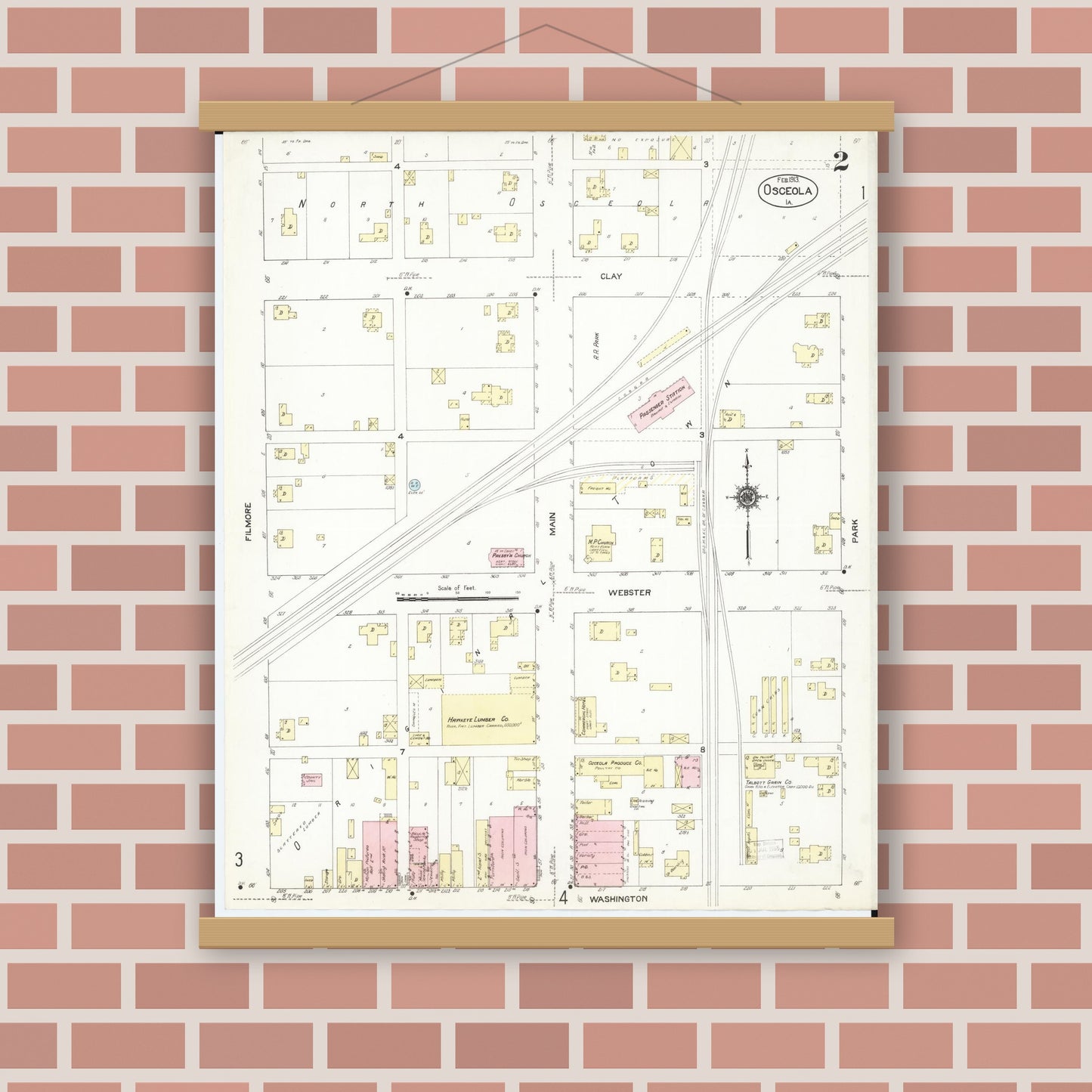 Old map wall art mockup — magnetic wood frame on brick wall — Sanborn Fire Insurance Map from Osceola, Clarke County, Iowa (1913), Sheet #0002