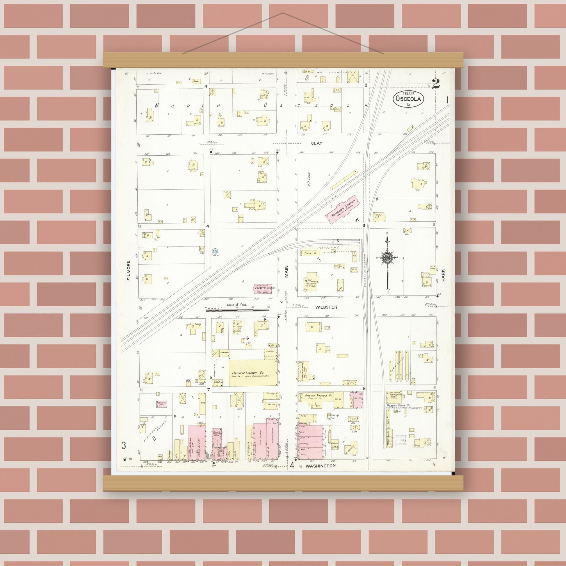 Old map wall art mockup — magnetic wood frame on brick wall — Sanborn Fire Insurance Map from Osceola, Clarke County, Iowa (1913), Sheet #0002