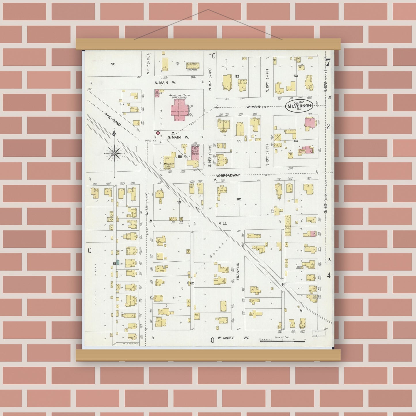 Old map wall art mockup — magnetic wood frame on brick wall — Sanborn Fire Insurance Map from Mount Vernon, Jefferson County, Illinois (1902), Sheet #0007