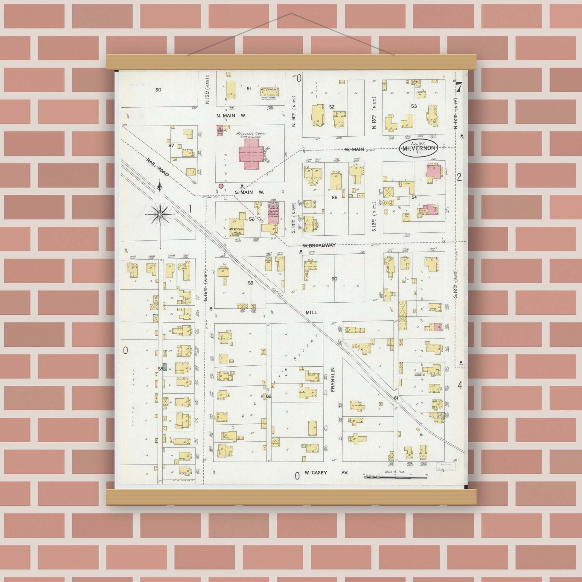 Old map wall art mockup — magnetic wood frame on brick wall — Sanborn Fire Insurance Map from Mount Vernon, Jefferson County, Illinois (1902), Sheet #0007