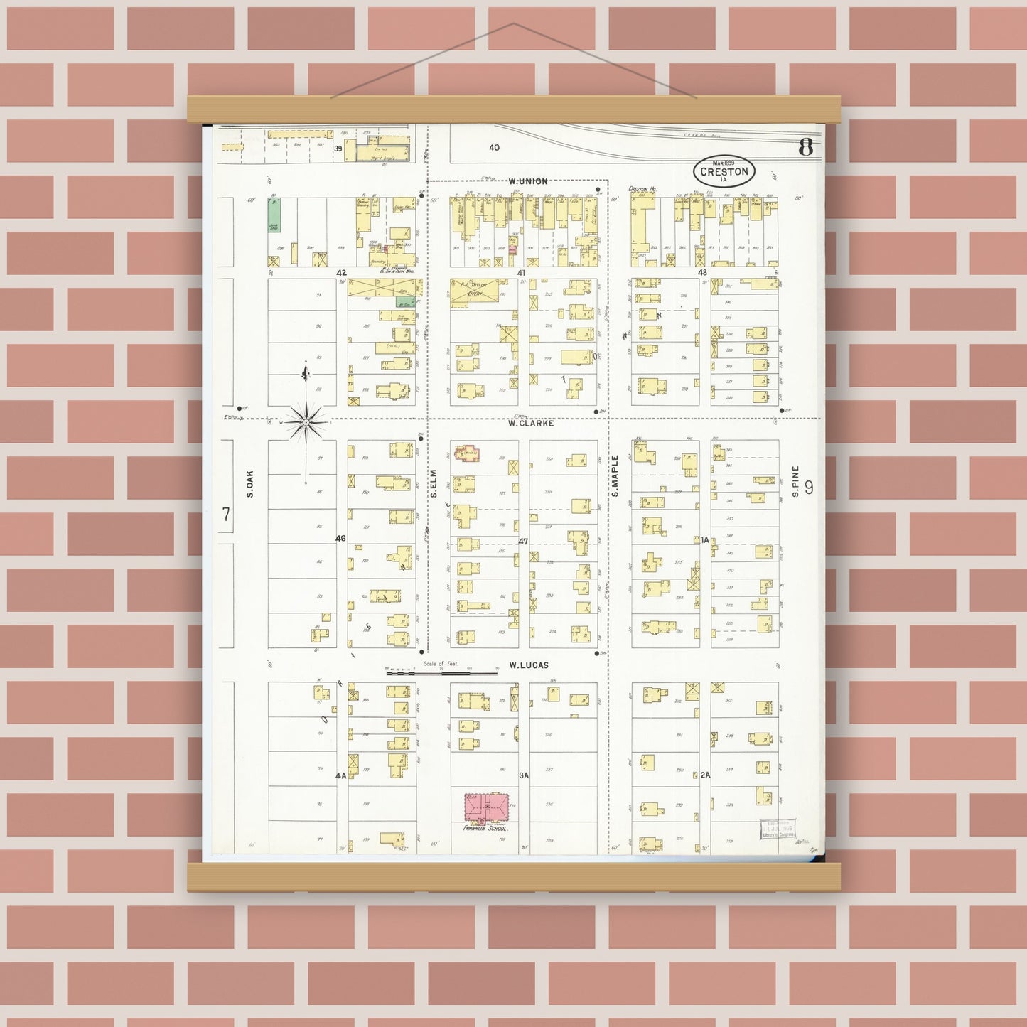 Old map wall art mockup — magnetic wood frame on brick wall — Sanborn Fire Insurance Map from Creston, Union County, Iowa (1899), Sheet #0008