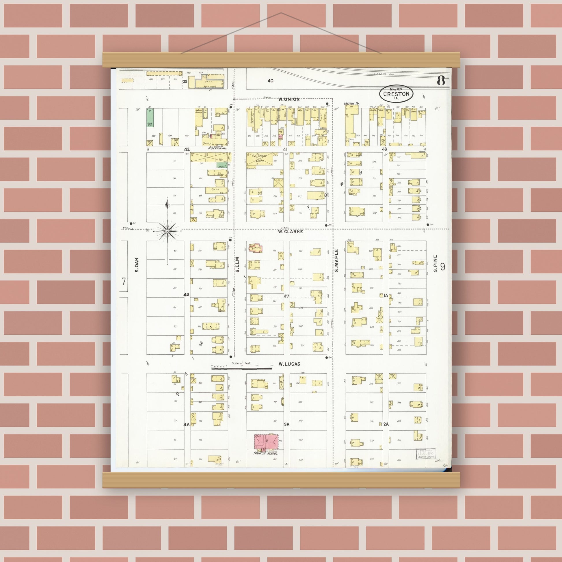 Old map wall art mockup — magnetic wood frame on brick wall — Sanborn Fire Insurance Map from Creston, Union County, Iowa (1899), Sheet #0008
