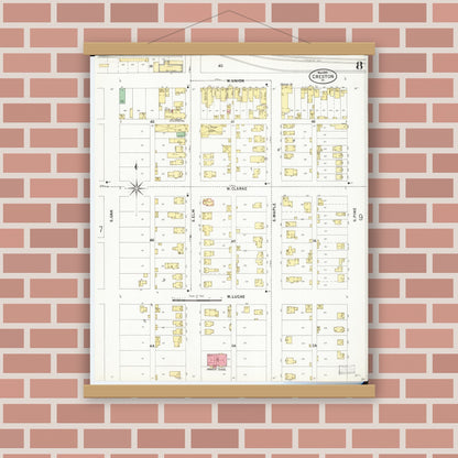 Old map wall art mockup — magnetic wood frame on brick wall — Sanborn Fire Insurance Map from Creston, Union County, Iowa (1899), Sheet #0008