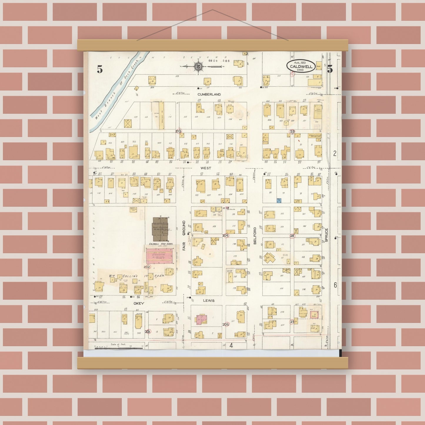Old map wall art mockup — magnetic wood frame on brick wall — Sanborn Fire Insurance Map from Caldwell, Noble County, Ohio (1932), Sheet #0005