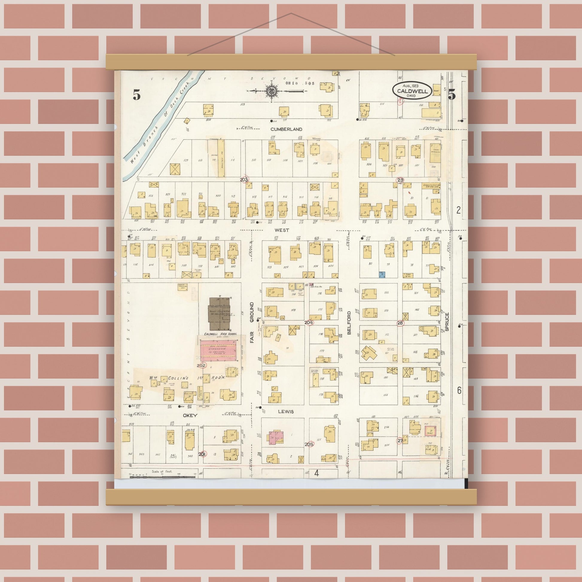 Old map wall art mockup — magnetic wood frame on brick wall — Sanborn Fire Insurance Map from Caldwell, Noble County, Ohio (1932), Sheet #0005
