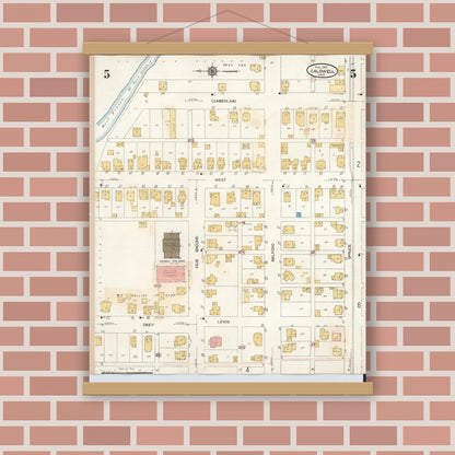Old map wall art mockup — magnetic wood frame on brick wall — Sanborn Fire Insurance Map from Caldwell, Noble County, Ohio (1932), Sheet #0005