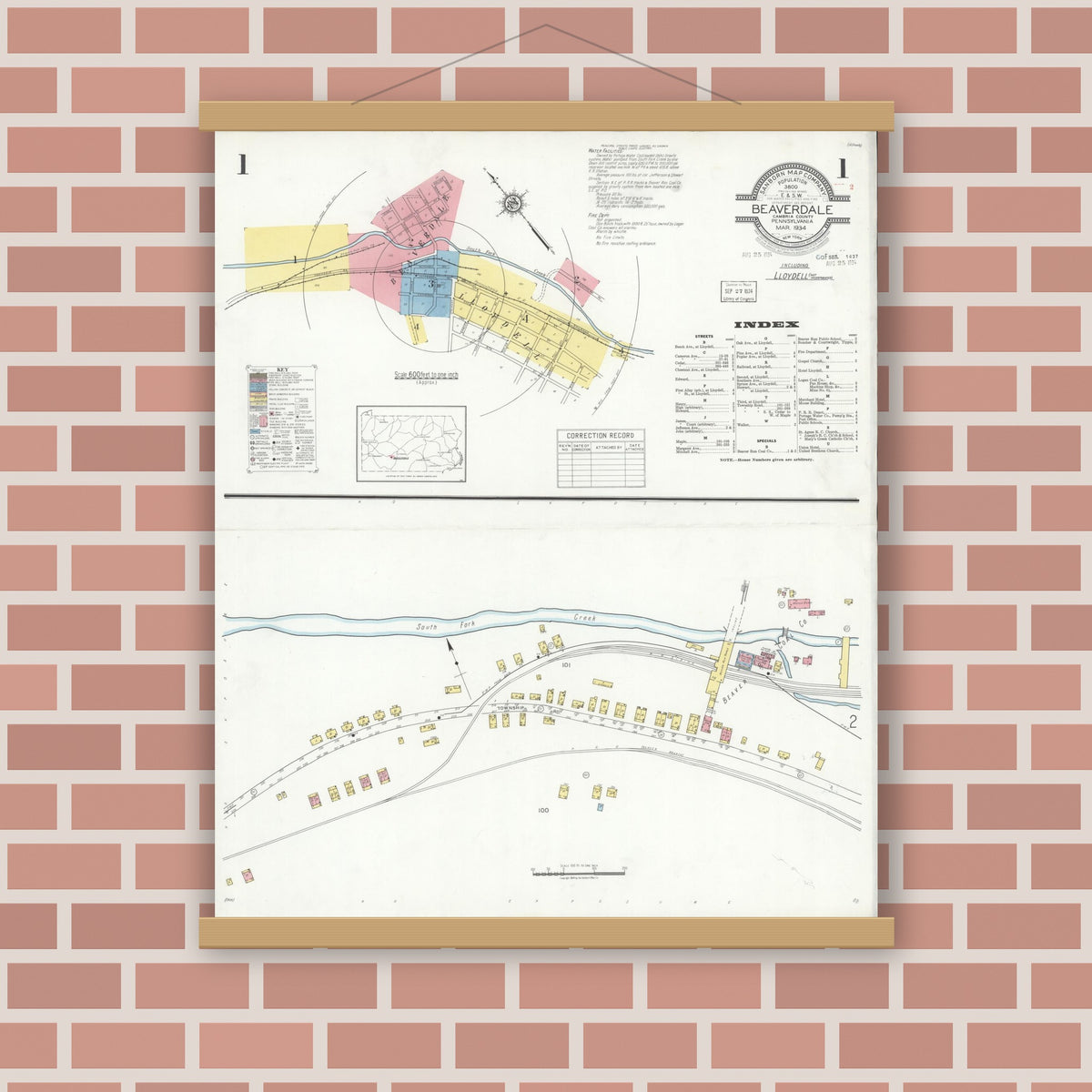 Old map wall art mockup — magnetic wood frame on brick wall — Sanborn Fire Insurance Map from Beaverdale, Cambria County, Pennsylvania (1934) - Complete Map Set