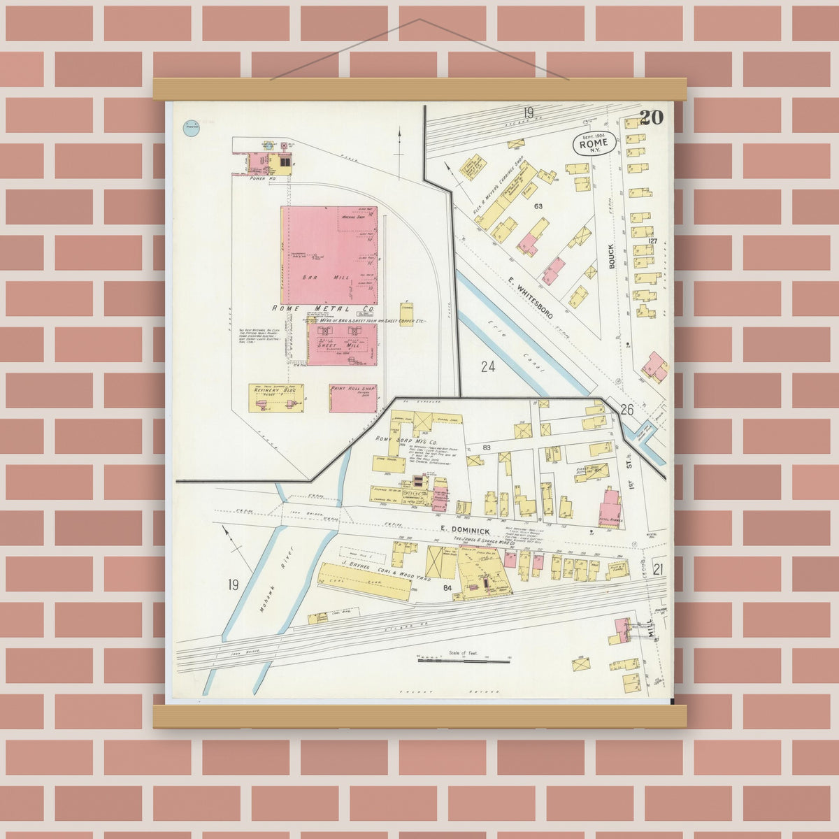 Old map wall art mockup — magnetic wood frame on brick wall — Sanborn Fire Insurance Map from Rome, Oneida County, New York (1904), Sheet #0020