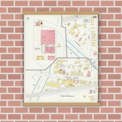 Old map wall art mockup — magnetic wood frame on brick wall — Sanborn Fire Insurance Map from Rome, Oneida County, New York (1904), Sheet #0020