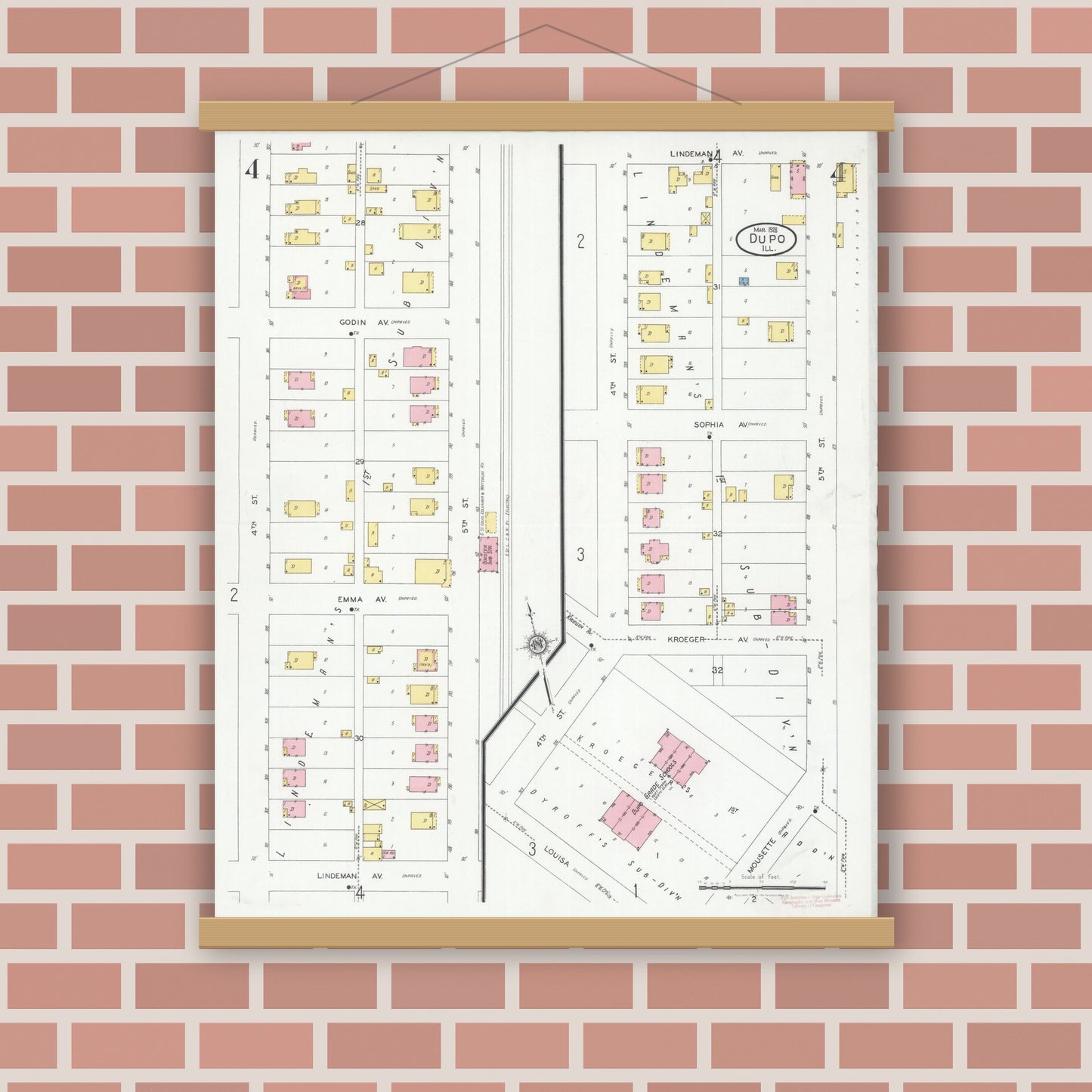 Old map wall art mockup — magnetic wood frame on brick wall — Sanborn Fire Insurance Map from Dupo, Saint Clair County, Illinois (1928), Sheet #0004