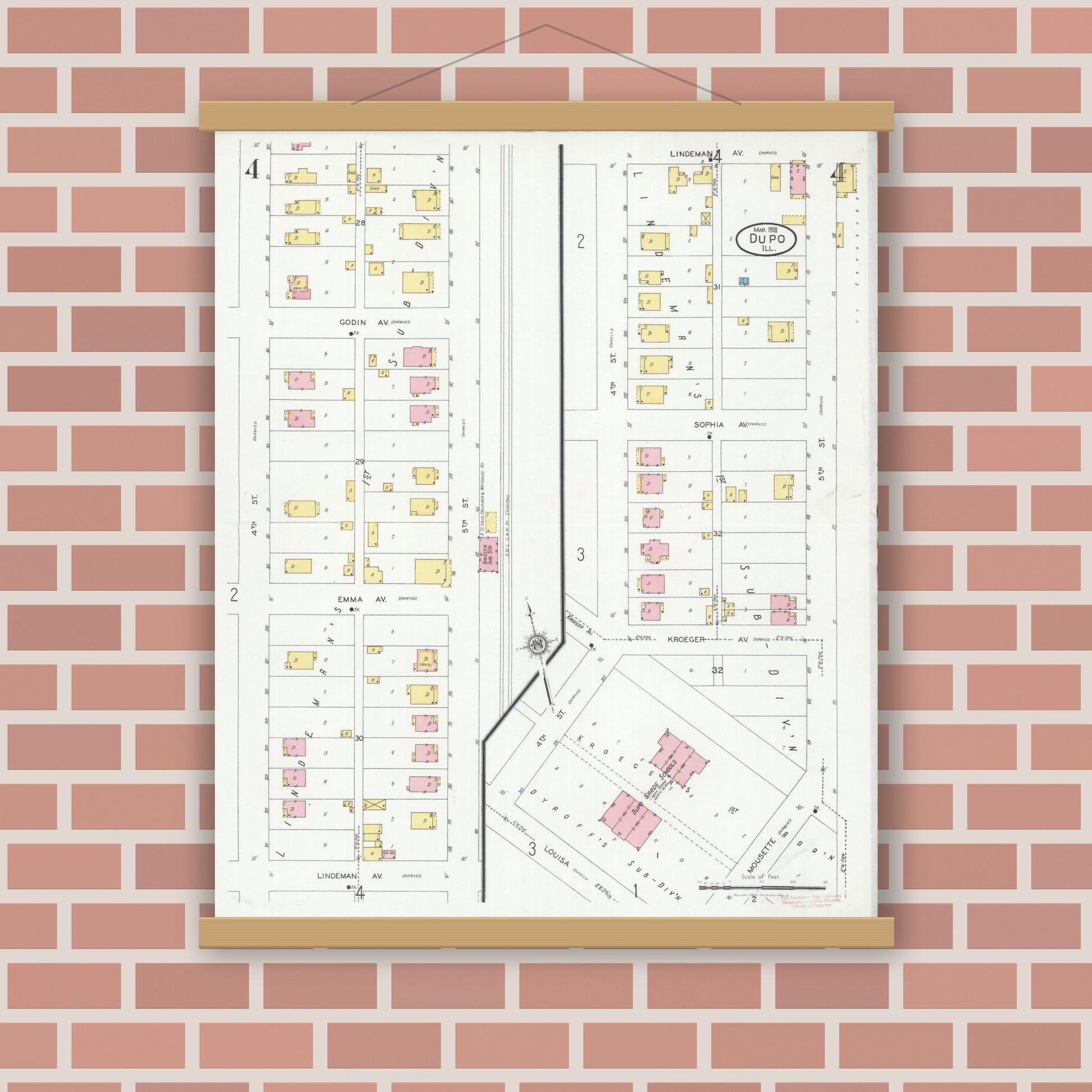 Old map wall art mockup — magnetic wood frame on brick wall — Sanborn Fire Insurance Map from Dupo, Saint Clair County, Illinois (1928), Sheet #0004
