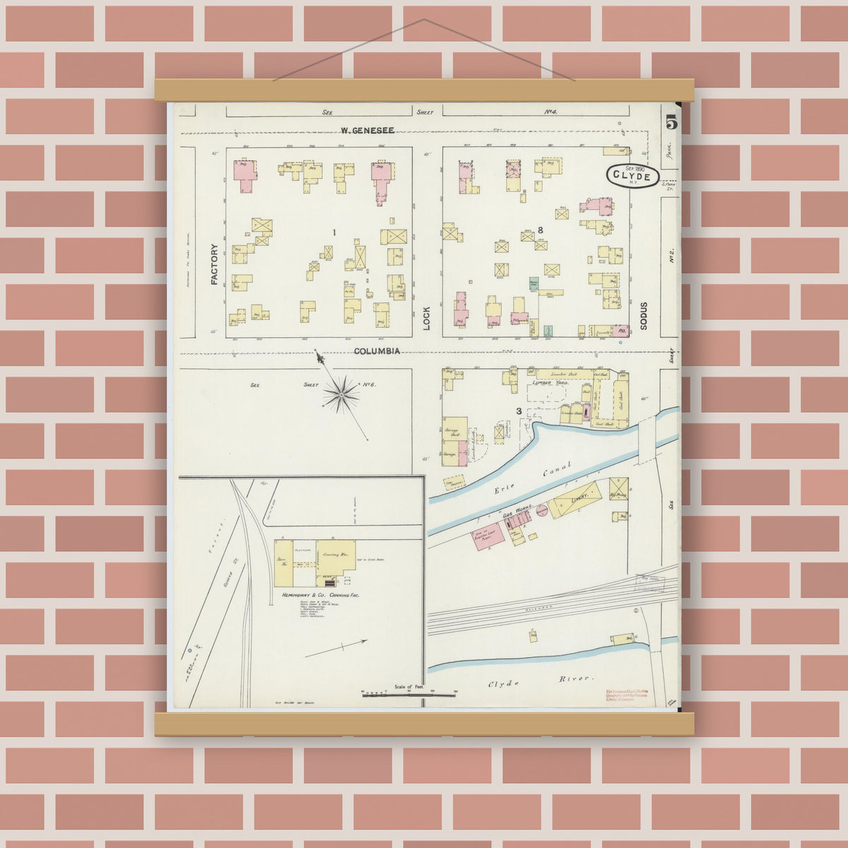 Old map wall art mockup — magnetic wood frame on brick wall — Sanborn Fire Insurance Map from Clyde, Wayne County, New York (1890), Sheet #0005