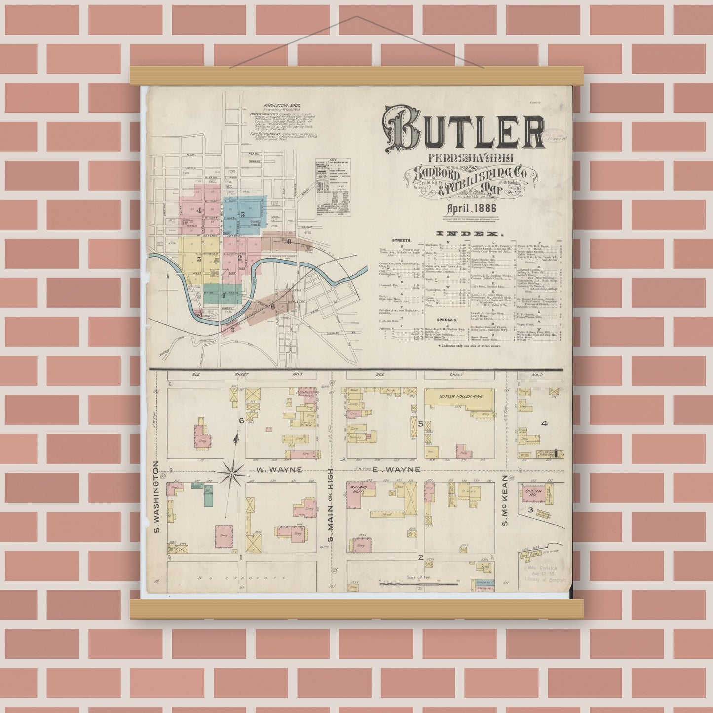 Old map wall art mockup — magnetic wood frame on brick wall — Sanborn Fire Insurance Map from Butler, Butler County, Pennsylvania (1886) - Complete Map Set