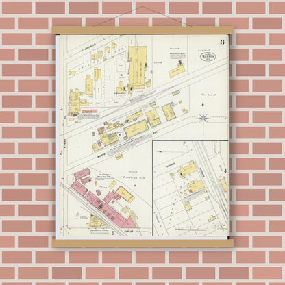 Old map wall art mockup — magnetic wood frame on brick wall — Sanborn Fire Insurance Map from Warren, Trumbull County, Ohio (1902), Sheet #0003