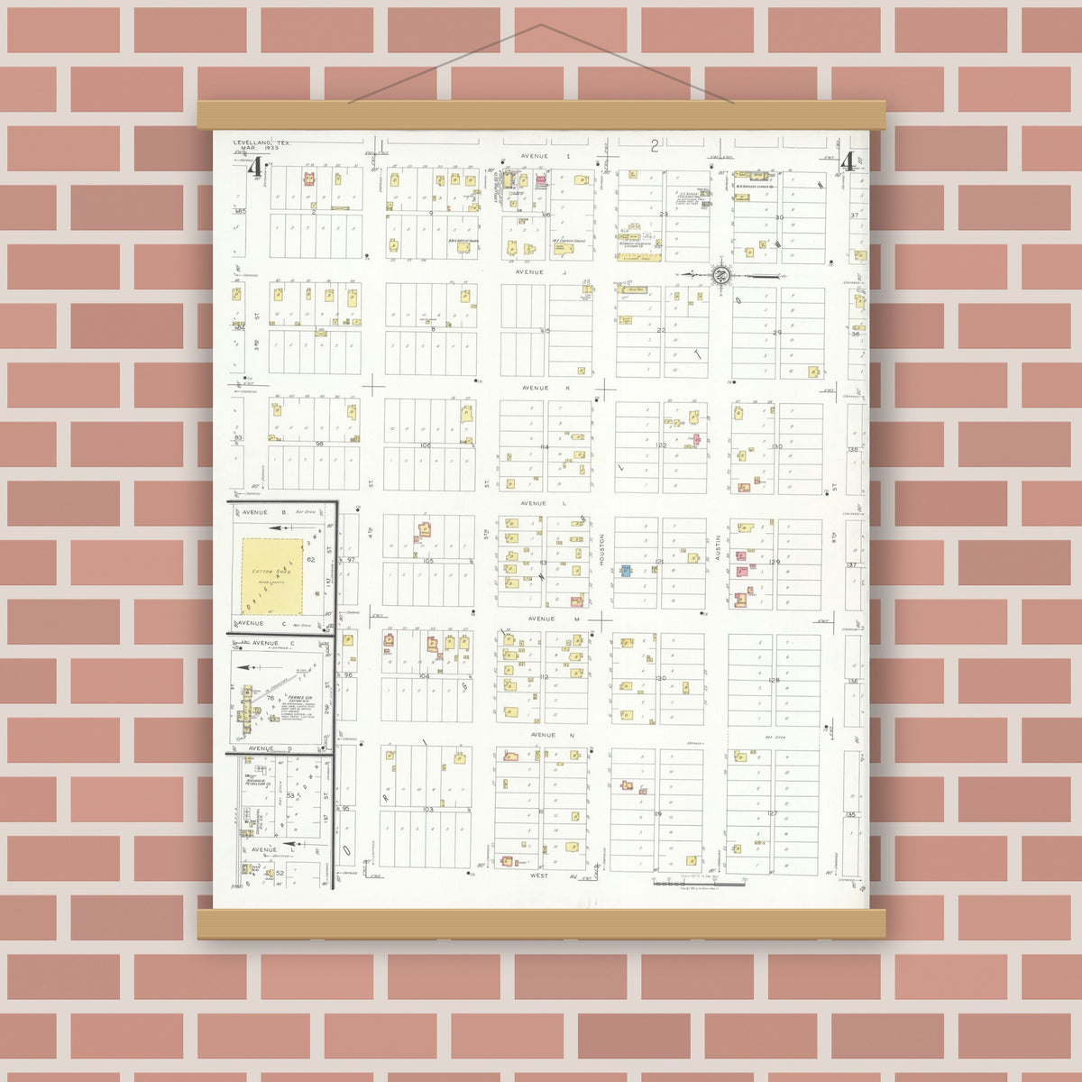 Old map wall art mockup — magnetic wood frame on brick wall — Sanborn Fire Insurance Map from Levelland, Hockley County, Texas (1933), Sheet #0004