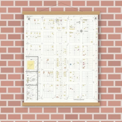 Old map wall art mockup — magnetic wood frame on brick wall — Sanborn Fire Insurance Map from Levelland, Hockley County, Texas (1933), Sheet #0004
