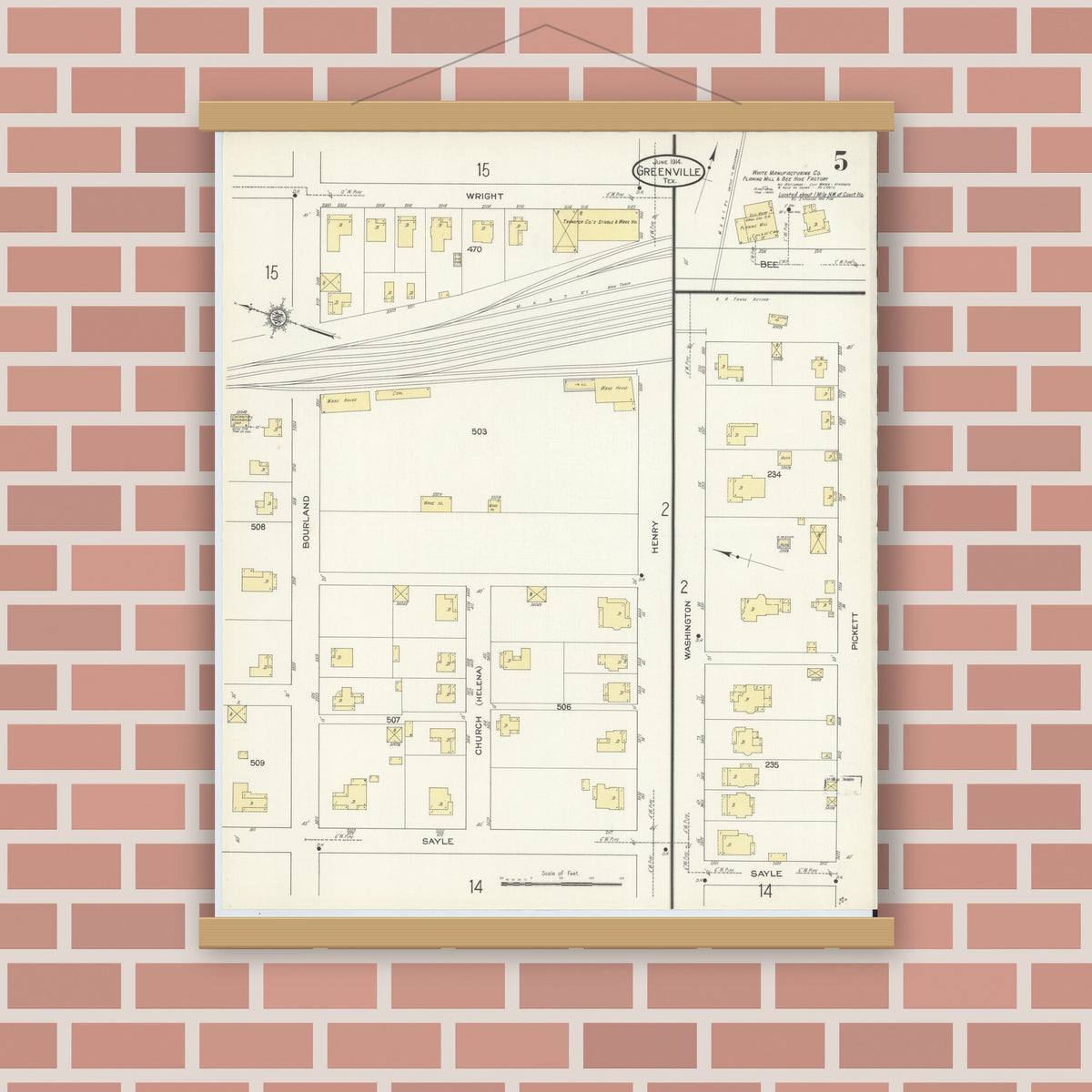 Old map wall art mockup — magnetic wood frame on brick wall — Sanborn Fire Insurance Map from Greenville, Hunt County, Texas (1914), Sheet #0005