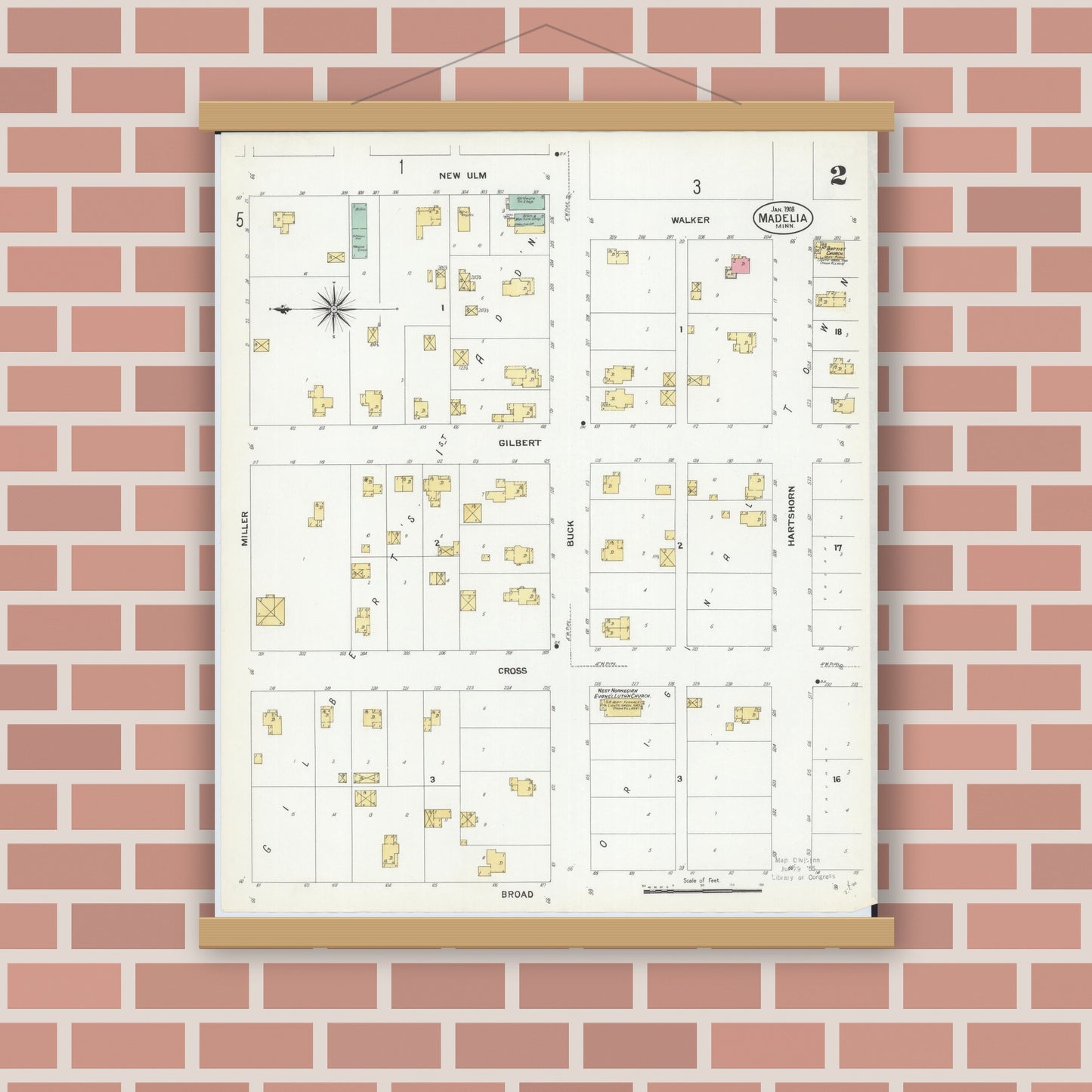 Old map wall art mockup — magnetic wood frame on brick wall — Sanborn Fire Insurance Map from Madelia, Watonwan County, Minnesota (1908), Sheet #0002