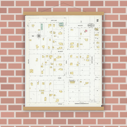 Old map wall art mockup — magnetic wood frame on brick wall — Sanborn Fire Insurance Map from Madelia, Watonwan County, Minnesota (1908), Sheet #0002