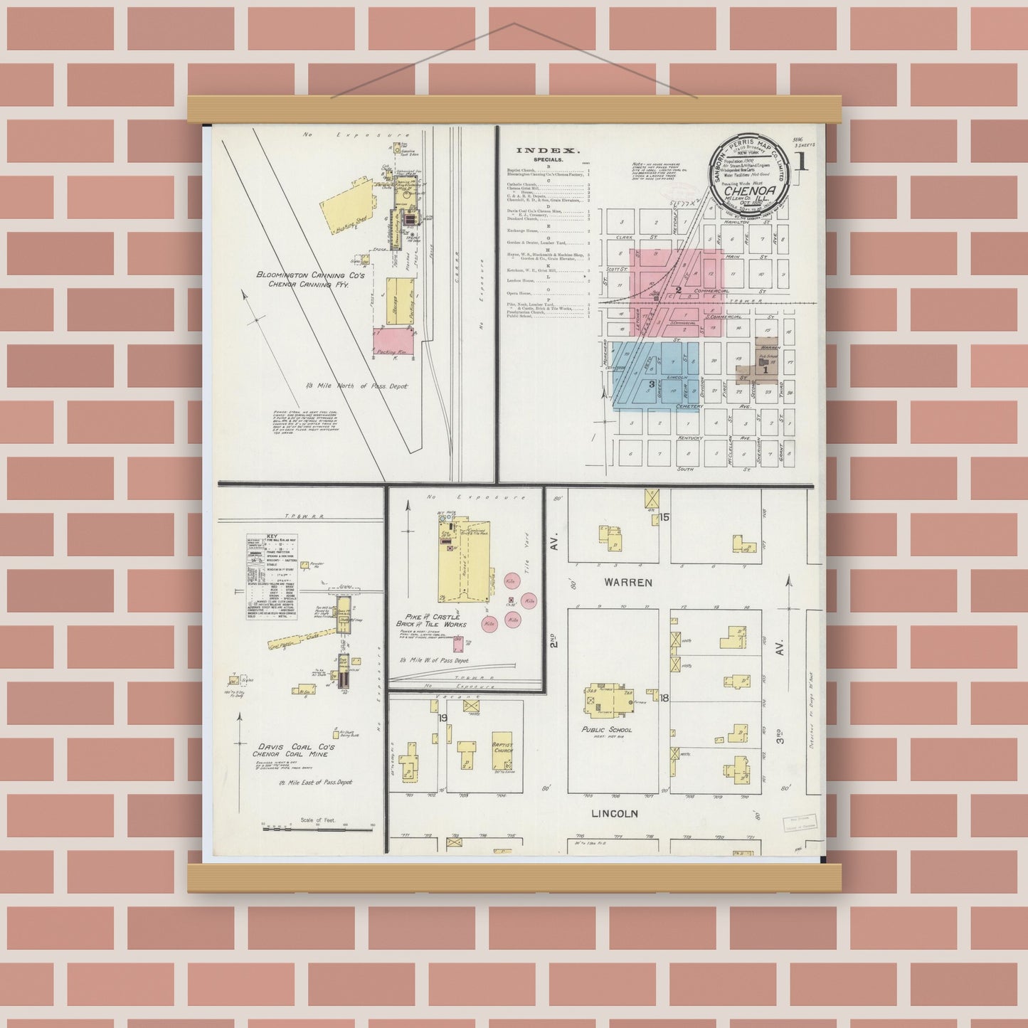 Old map wall art mockup — magnetic wood frame on brick wall — Sanborn Fire Insurance Map from Chenoa, McLean County, Illinois (1892) - Complete Map Set